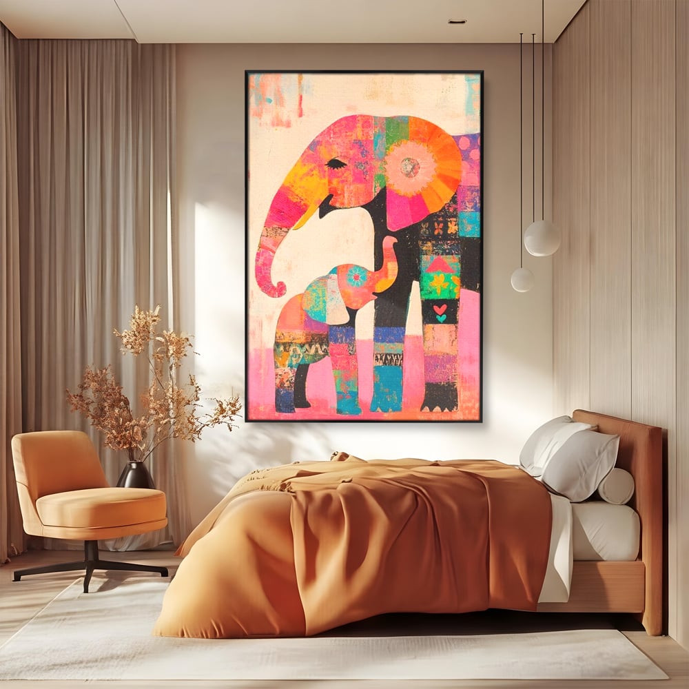 Tablou Canvas Premium, LuxCanva® M1319, Pe Urmele Mamei, Familie, Mama, Pui, Elefant, Arta Abstracta, Mozaic, Dragoste, Copilarie, Multicolor, Legatura, Birou, Living, Camera Copil
