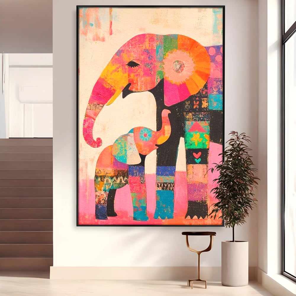 Tablou Canvas Premium, LuxCanva® M1319, Pe Urmele Mamei, Familie, Mama, Pui, Elefant, Arta Abstracta, Mozaic, Dragoste, Copilarie, Multicolor, Legatura, Birou, Living, Camera Copil