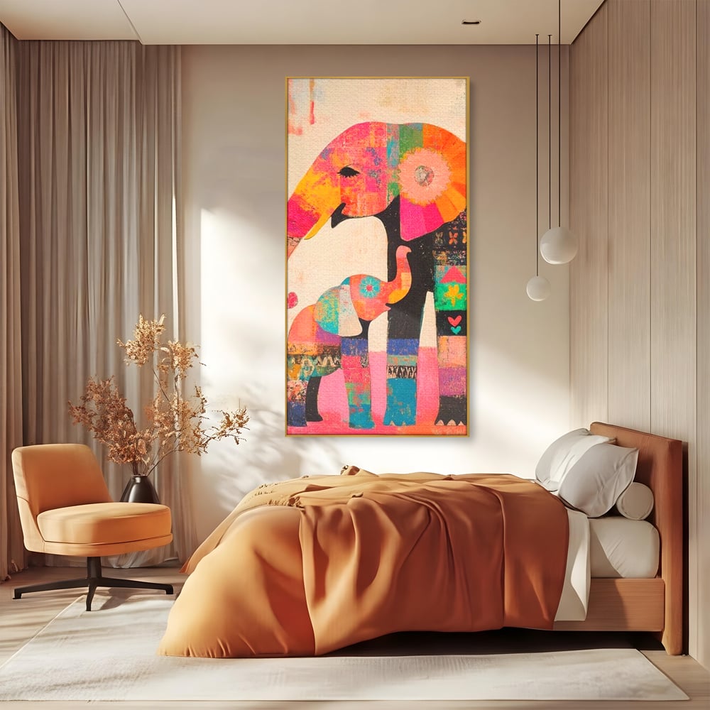 Tablou Canvas Premium, LuxCanva® M1319, Pe Urmele Mamei, Familie, Mama, Pui, Elefant, Arta Abstracta, Mozaic, Dragoste, Copilarie, Multicolor, Legatura, Birou, Living, Camera Copil