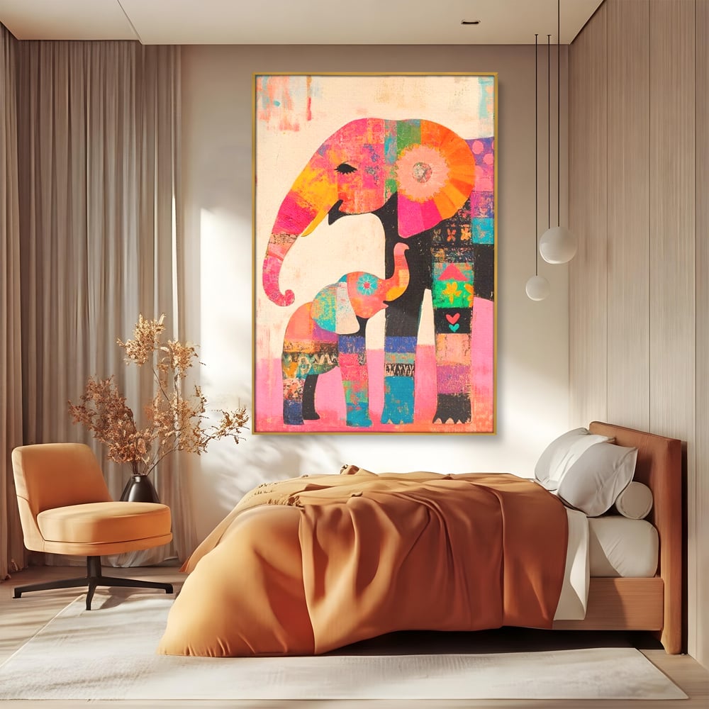 Tablou Canvas Premium, LuxCanva® M1319, Pe Urmele Mamei, Familie, Mama, Pui, Elefant, Arta Abstracta, Mozaic, Dragoste, Copilarie, Multicolor, Legatura, Birou, Living, Camera Copil