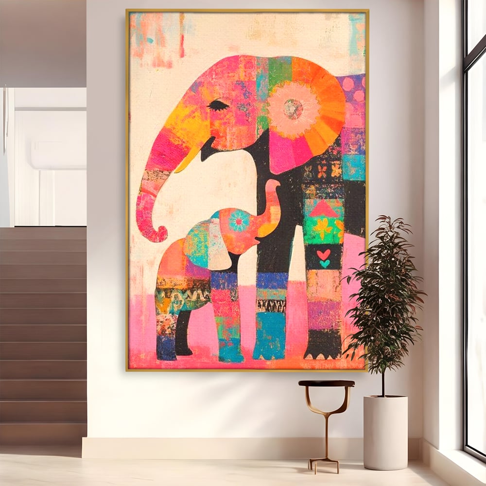 Tablou Canvas Premium, LuxCanva® M1319, Pe Urmele Mamei, Familie, Mama, Pui, Elefant, Arta Abstracta, Mozaic, Dragoste, Copilarie, Multicolor, Legatura, Birou, Living, Camera Copil