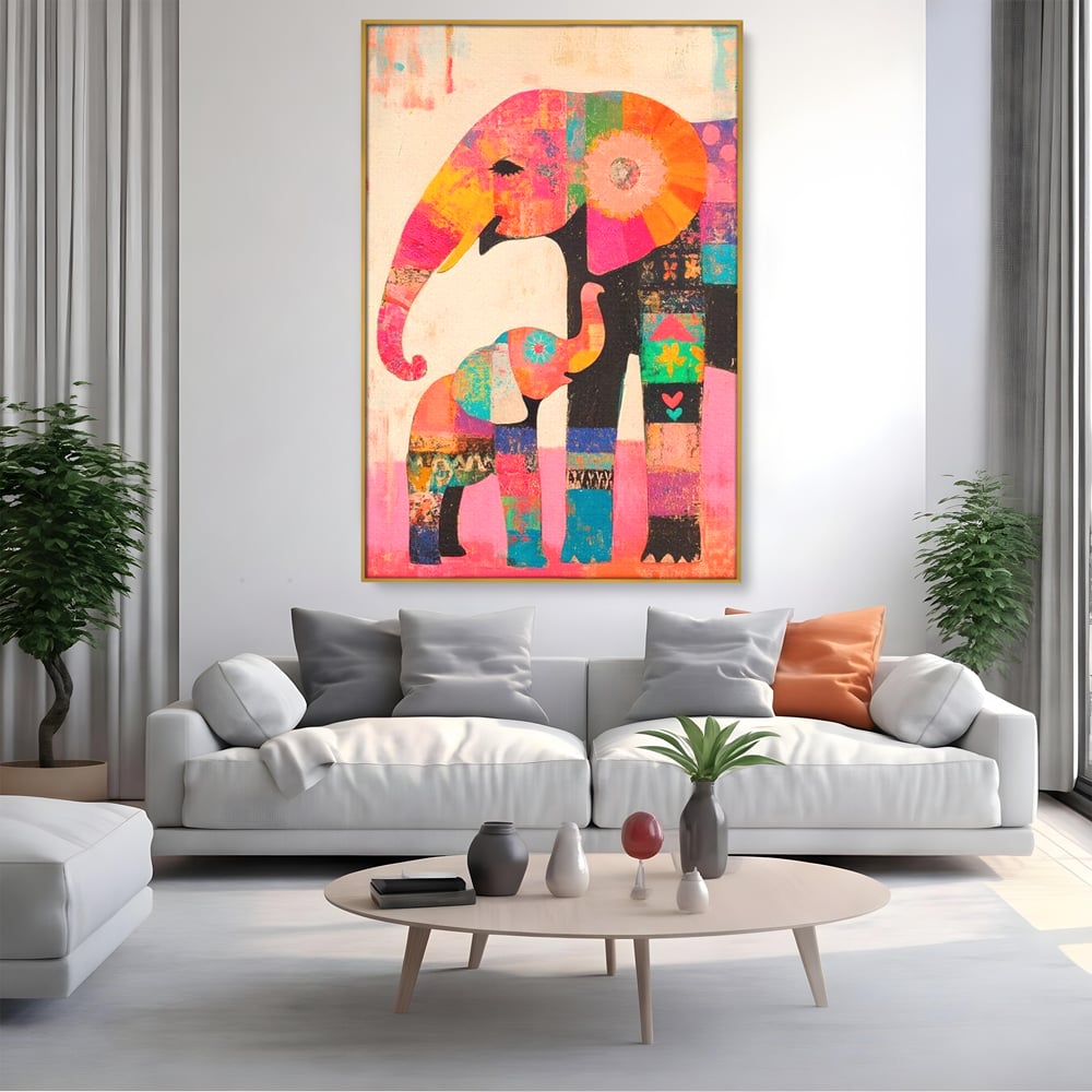 Tablou Canvas Premium, LuxCanva® M1319, Pe Urmele Mamei, Familie, Mama, Pui, Elefant, Arta Abstracta, Mozaic, Dragoste, Copilarie, Multicolor, Legatura, Birou, Living, Camera Copil