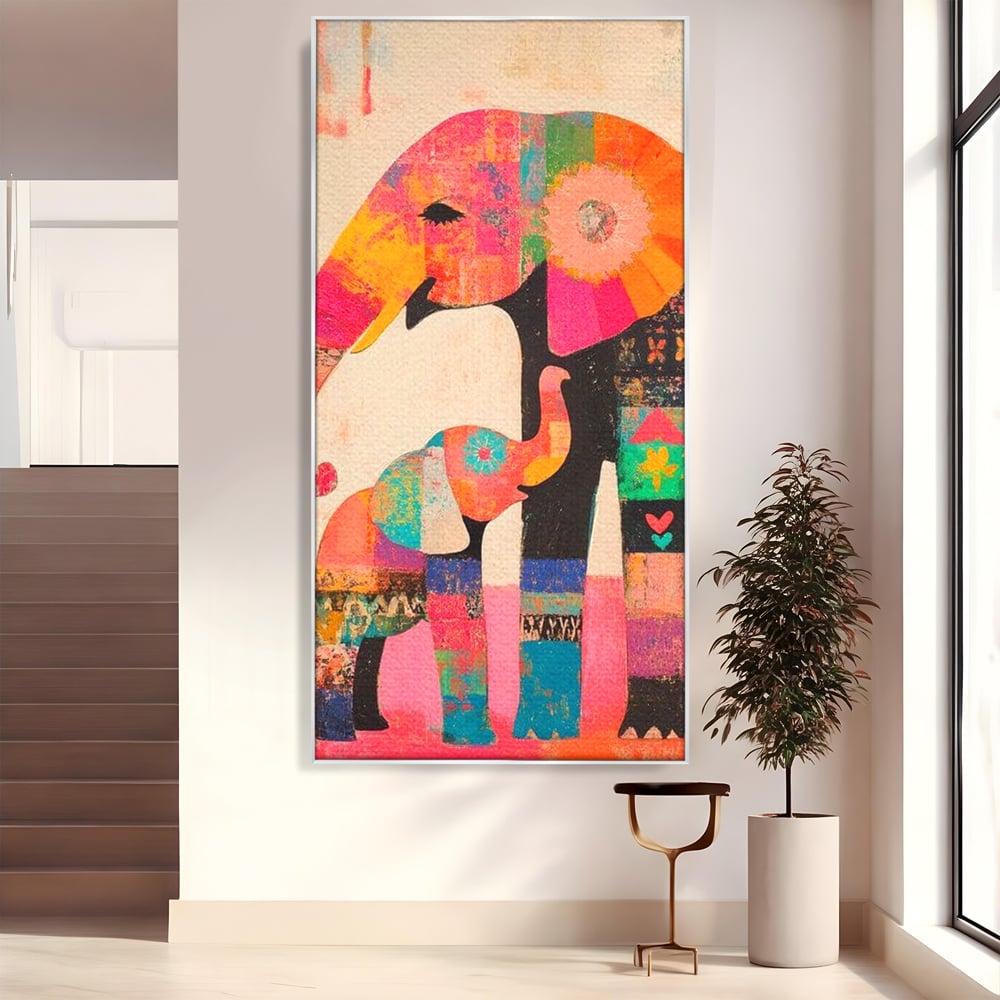 Tablou Canvas Premium, LuxCanva® M1319, Pe Urmele Mamei, Familie, Mama, Pui, Elefant, Arta Abstracta, Mozaic, Dragoste, Copilarie, Multicolor, Legatura, Birou, Living, Camera Copil