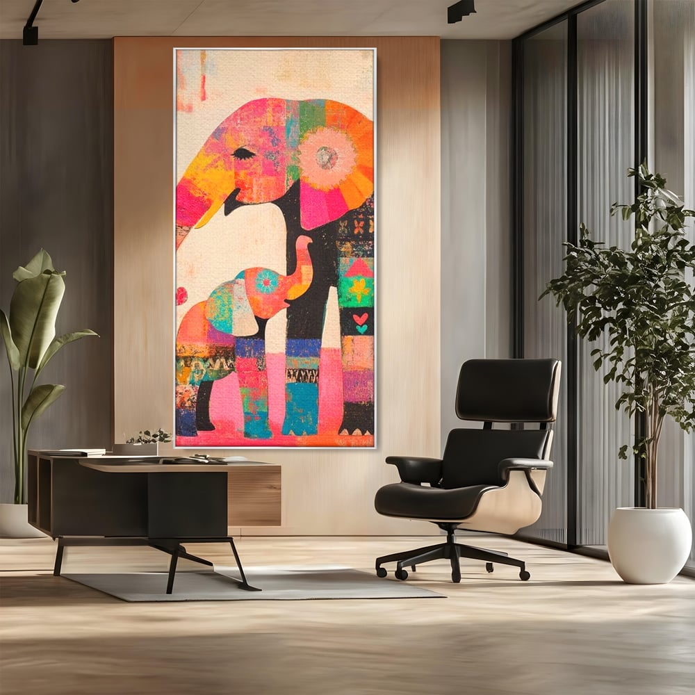 Tablou Canvas Premium, LuxCanva® M1319, Pe Urmele Mamei, Familie, Mama, Pui, Elefant, Arta Abstracta, Mozaic, Dragoste, Copilarie, Multicolor, Legatura, Birou, Living, Camera Copil