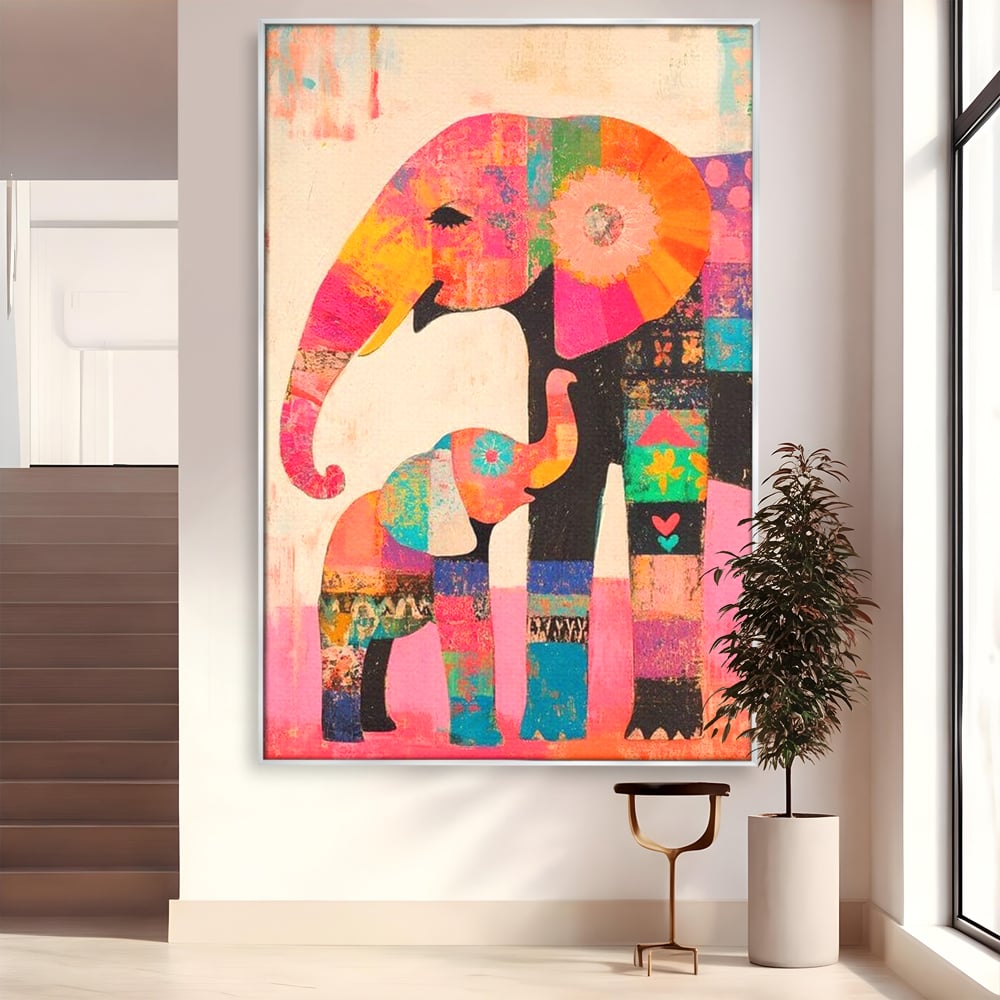 Tablou Canvas Premium, LuxCanva® M1319, Pe Urmele Mamei, Familie, Mama, Pui, Elefant, Arta Abstracta, Mozaic, Dragoste, Copilarie, Multicolor, Legatura, Birou, Living, Camera Copil