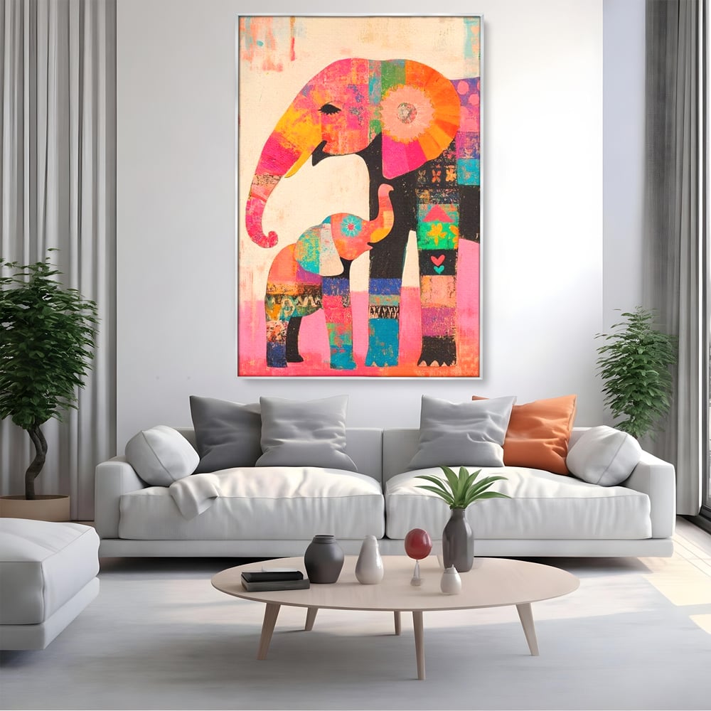Tablou Canvas Premium, LuxCanva® M1319, Pe Urmele Mamei, Familie, Mama, Pui, Elefant, Arta Abstracta, Mozaic, Dragoste, Copilarie, Multicolor, Legatura, Birou, Living, Camera Copil
