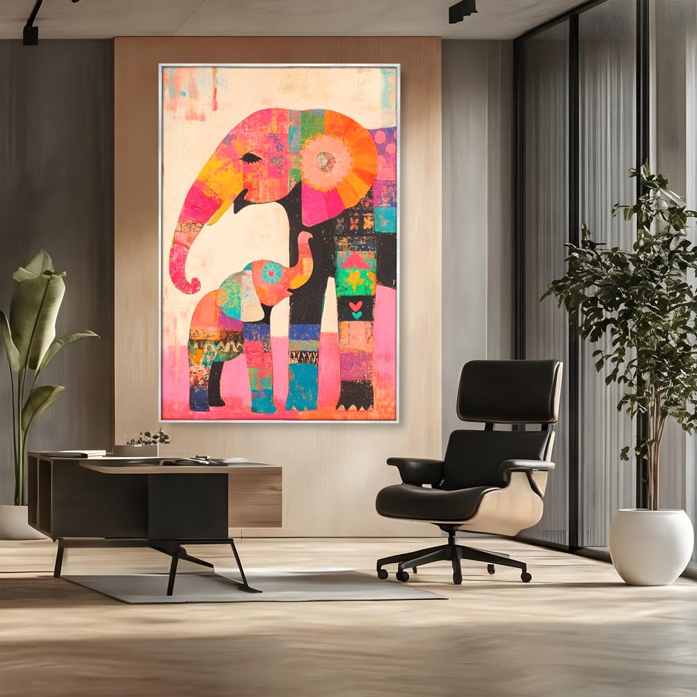 Tablou Canvas Premium, LuxCanva® M1319, Pe Urmele Mamei, Familie, Mama, Pui, Elefant, Arta Abstracta, Mozaic, Dragoste, Copilarie, Multicolor, Legatura, Birou, Living, Camera Copil