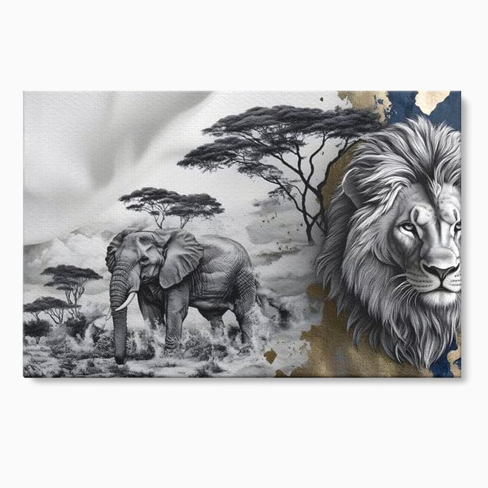 Tablou Canvas Premium, LuxCanva® M1320, Regii Savanei, Leu, Elefant, Africa, Savana, Safari, Natura, Putere, Abstract, Salbaticie, Contrast, Animale, Birou, Living, Camera Copil