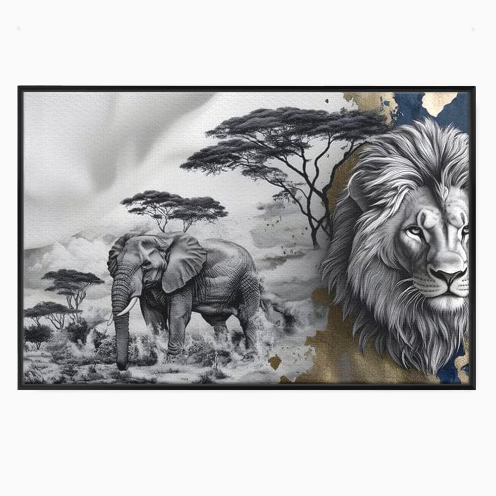 Tablou Canvas Premium, LuxCanva® M1320, Regii Savanei, Leu, Elefant, Africa, Savana, Safari, Natura, Putere, Abstract, Salbaticie, Contrast, Animale, Birou, Living, Camera Copil