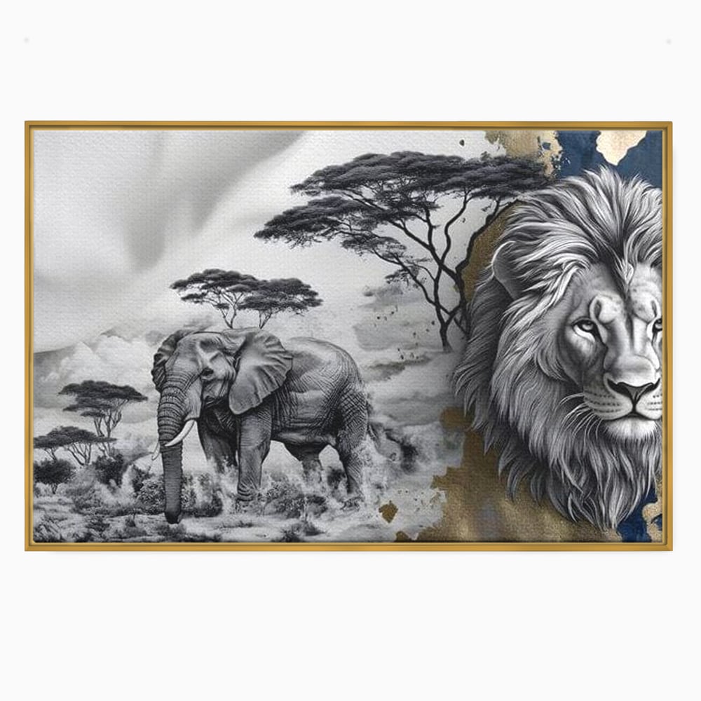 Tablou Canvas Premium, LuxCanva® M1320, Regii Savanei, Leu, Elefant, Africa, Savana, Safari, Natura, Putere, Abstract, Salbaticie, Contrast, Animale, Birou, Living, Camera Copil