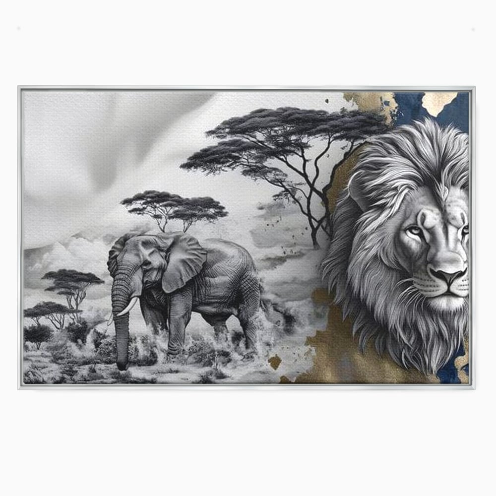 Tablou Canvas Premium, LuxCanva® M1320, Regii Savanei, Leu, Elefant, Africa, Savana, Safari, Natura, Putere, Abstract, Salbaticie, Contrast, Animale, Birou, Living, Camera Copil