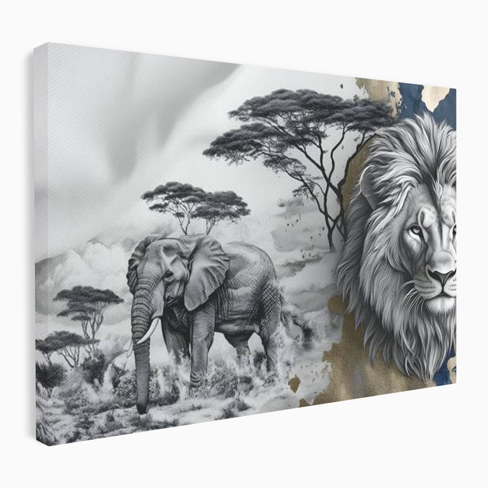 Tablou Canvas Premium, LuxCanva® M1320, Regii Savanei, Leu, Elefant, Africa, Savana, Safari, Natura, Putere, Abstract, Salbaticie, Contrast, Animale, Birou, Living, Camera Copil