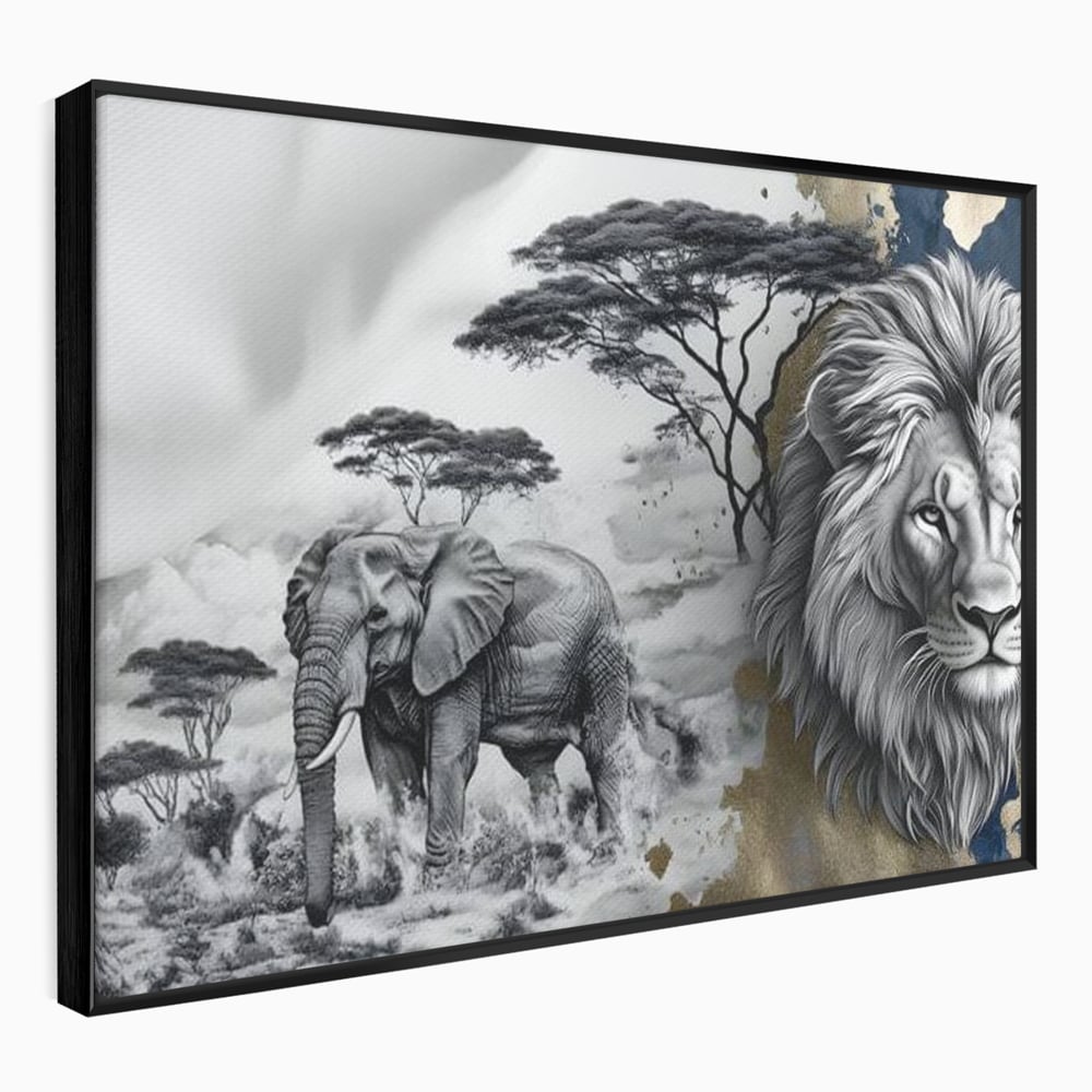 Tablou Canvas Premium, LuxCanva® M1320, Regii Savanei, Leu, Elefant, Africa, Savana, Safari, Natura, Putere, Abstract, Salbaticie, Contrast, Animale, Birou, Living, Camera Copil