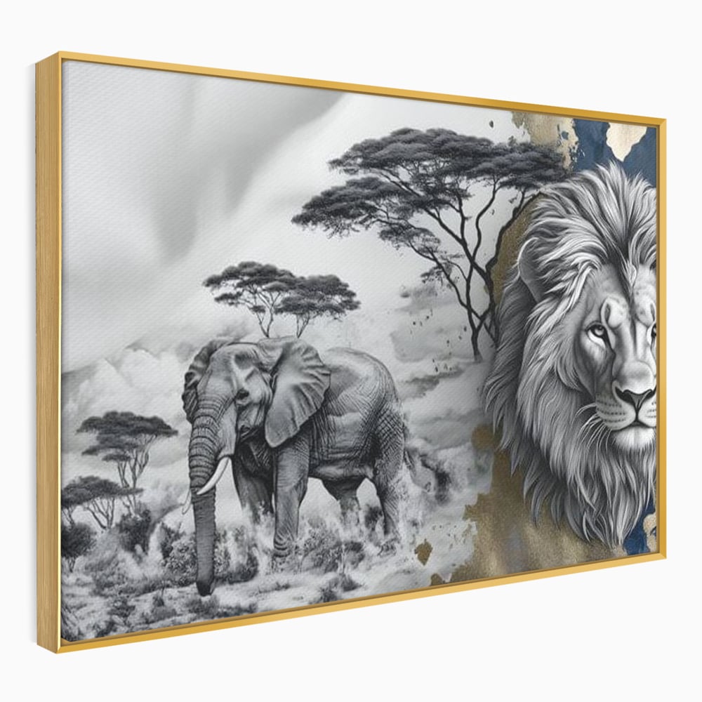 Tablou Canvas Premium, LuxCanva® M1320, Regii Savanei, Leu, Elefant, Africa, Savana, Safari, Natura, Putere, Abstract, Salbaticie, Contrast, Animale, Birou, Living, Camera Copil