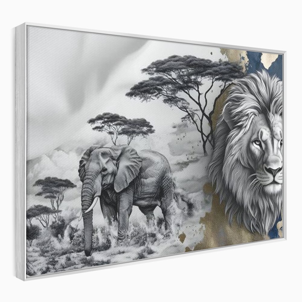 Tablou Canvas Premium, LuxCanva® M1320, Regii Savanei, Leu, Elefant, Africa, Savana, Safari, Natura, Putere, Abstract, Salbaticie, Contrast, Animale, Birou, Living, Camera Copil