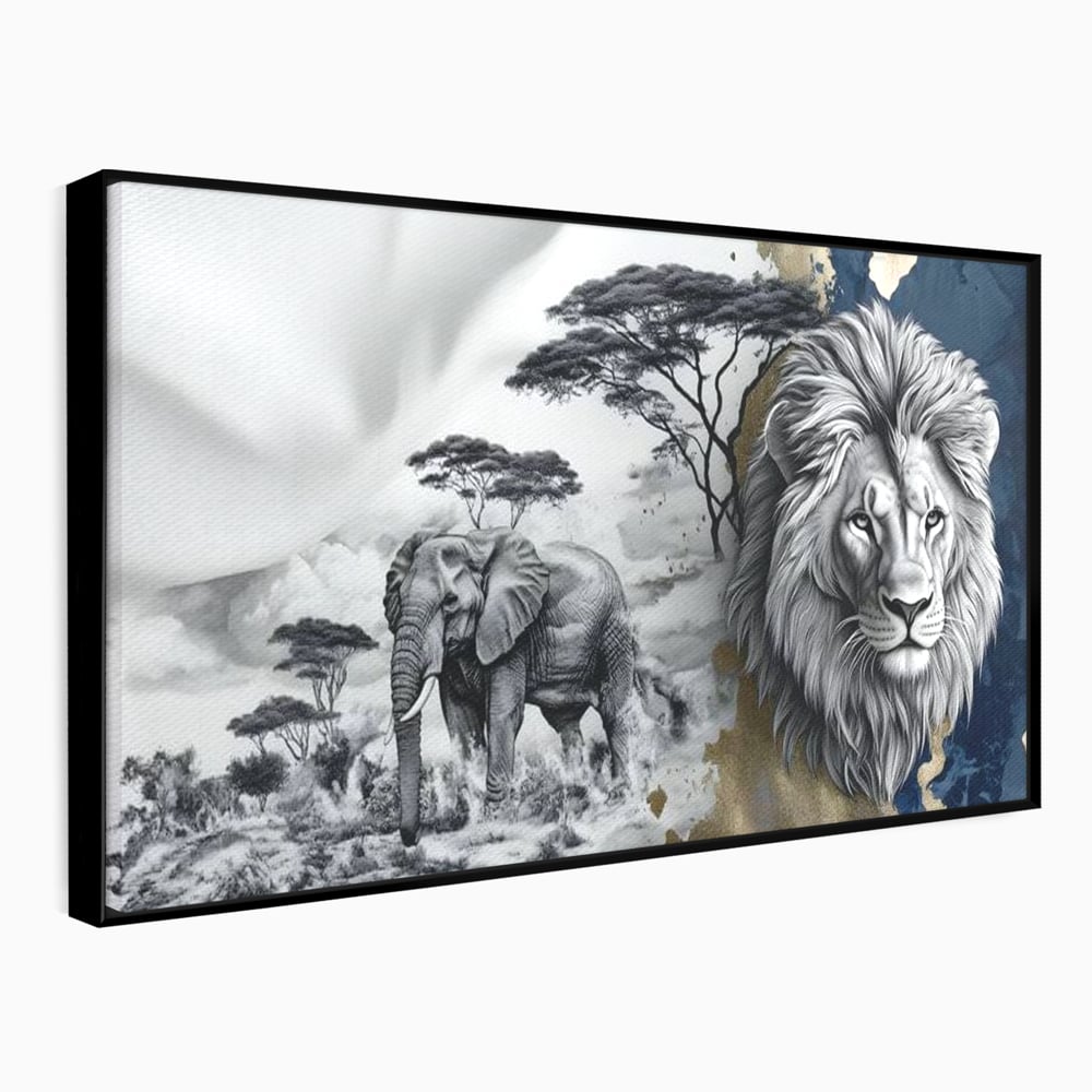 Tablou Canvas Premium, LuxCanva® M1320, Regii Savanei, Leu, Elefant, Africa, Savana, Safari, Natura, Putere, Abstract, Salbaticie, Contrast, Animale, Birou, Living, Camera Copil