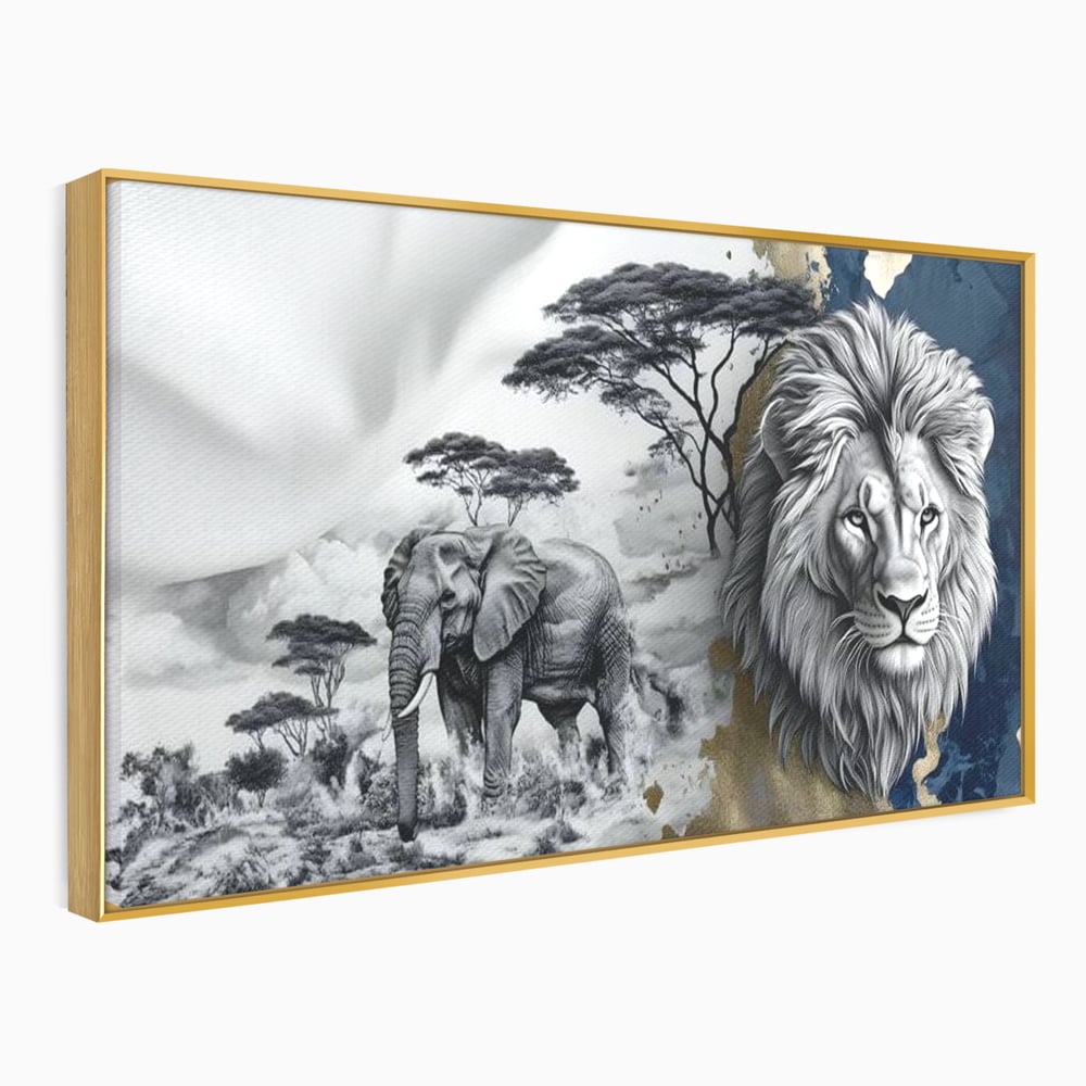Tablou Canvas Premium, LuxCanva® M1320, Regii Savanei, Leu, Elefant, Africa, Savana, Safari, Natura, Putere, Abstract, Salbaticie, Contrast, Animale, Birou, Living, Camera Copil