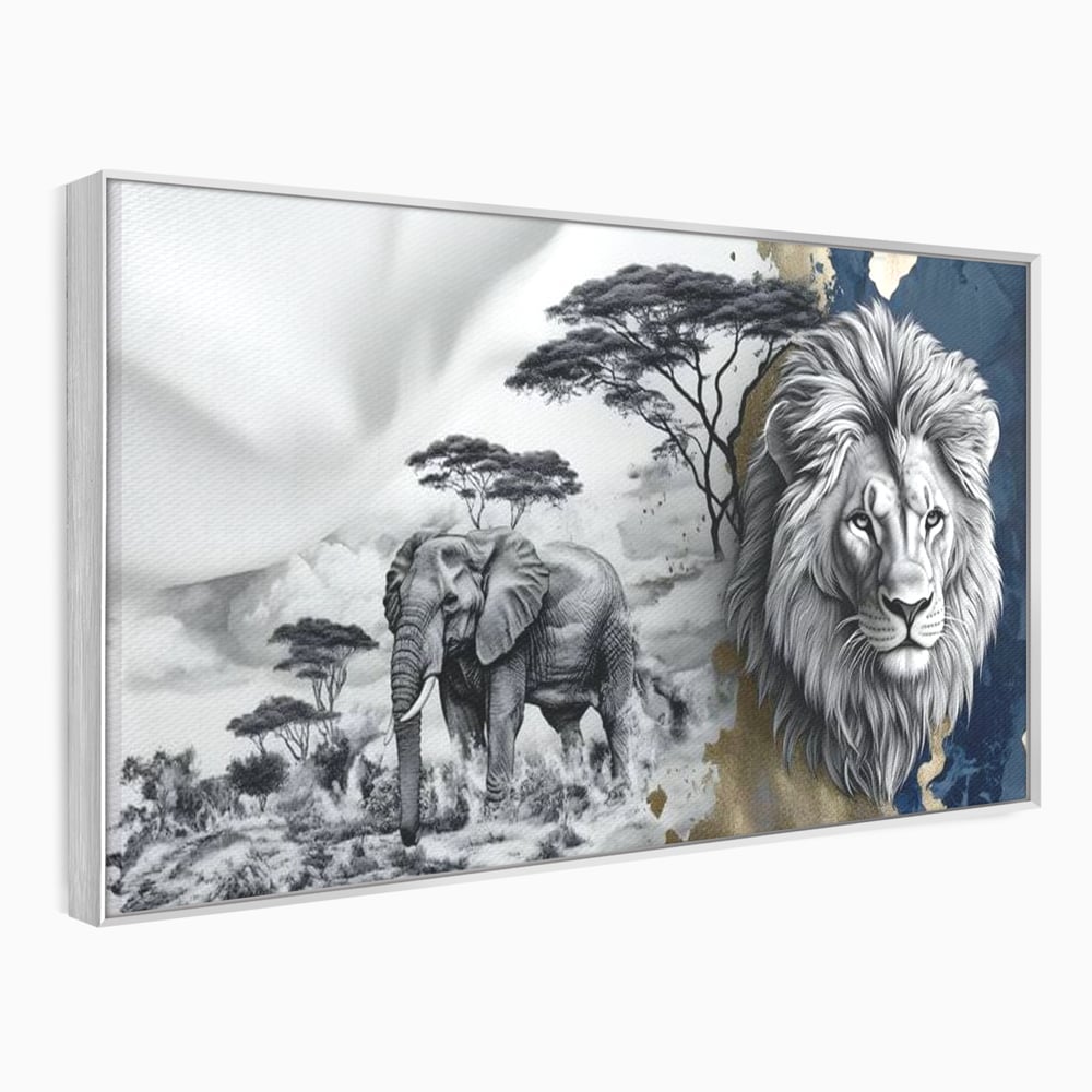 Tablou Canvas Premium, LuxCanva® M1320, Regii Savanei, Leu, Elefant, Africa, Savana, Safari, Natura, Putere, Abstract, Salbaticie, Contrast, Animale, Birou, Living, Camera Copil