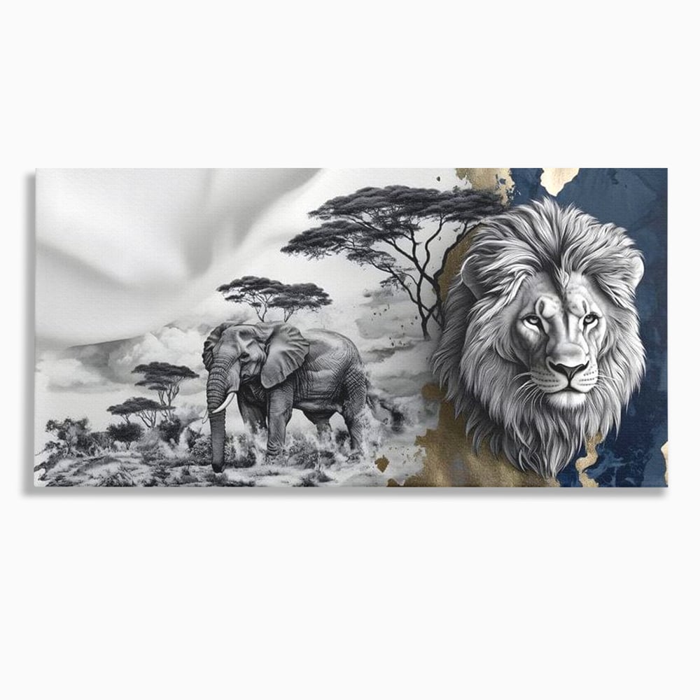 Tablou Canvas Premium, LuxCanva® M1320, Regii Savanei, Leu, Elefant, Africa, Savana, Safari, Natura, Putere, Abstract, Salbaticie, Contrast, Animale, Birou, Living, Camera Copil