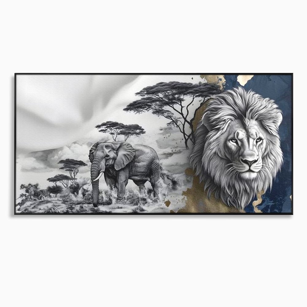 Tablou Canvas Premium, LuxCanva® M1320, Regii Savanei, Leu, Elefant, Africa, Savana, Safari, Natura, Putere, Abstract, Salbaticie, Contrast, Animale, Birou, Living, Camera Copil