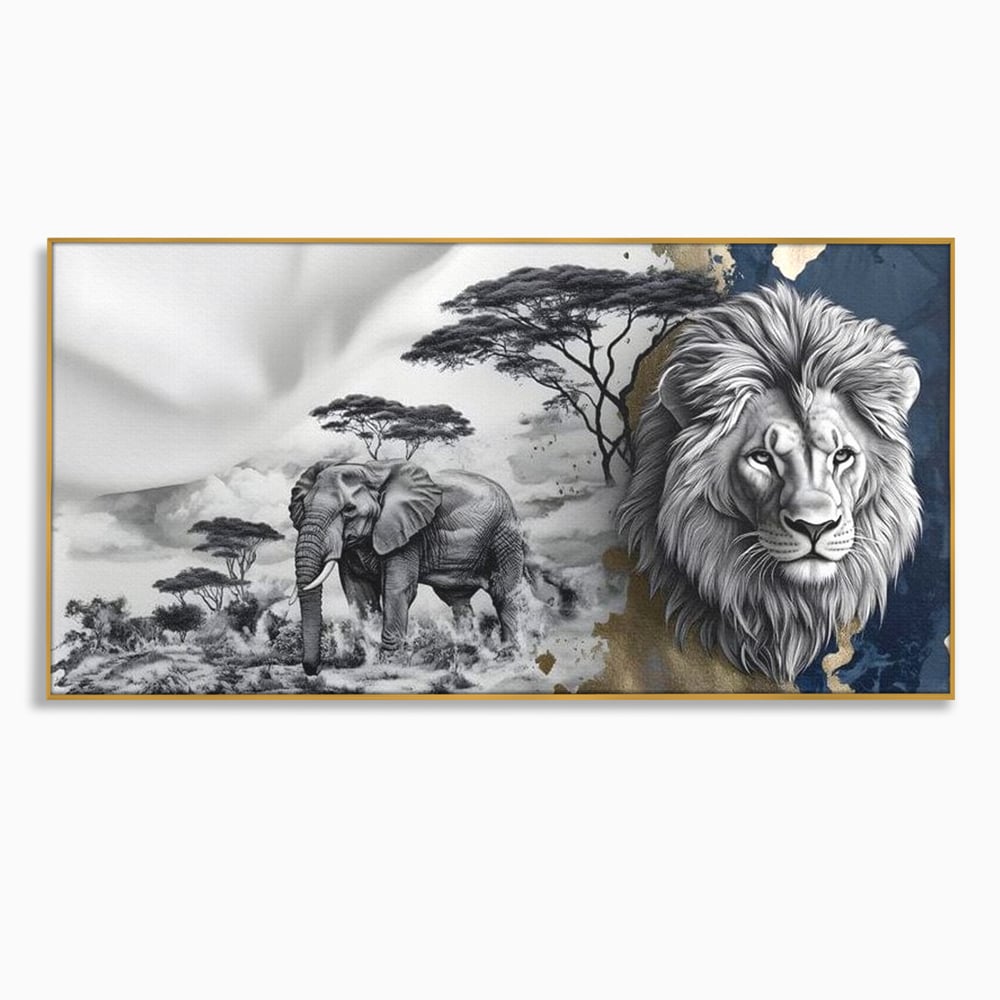 Tablou Canvas Premium, LuxCanva® M1320, Regii Savanei, Leu, Elefant, Africa, Savana, Safari, Natura, Putere, Abstract, Salbaticie, Contrast, Animale, Birou, Living, Camera Copil