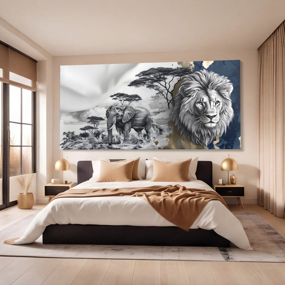 Tablou Canvas Premium, LuxCanva® M1320, Regii Savanei, Leu, Elefant, Africa, Savana, Safari, Natura, Putere, Abstract, Salbaticie, Contrast, Animale, Birou, Living, Camera Copil
