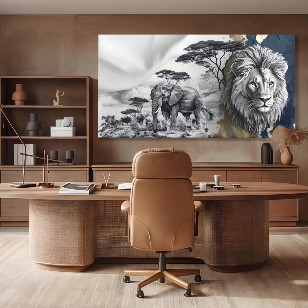 Tablou Canvas Premium, LuxCanva® M1320, Regii Savanei, Leu, Elefant, Africa, Savana, Safari, Natura, Putere, Abstract, Salbaticie, Contrast, Animale, Birou, Living, Camera Copil