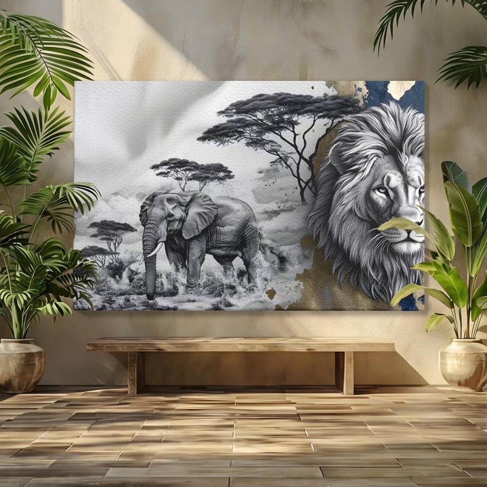 Tablou Canvas Premium, LuxCanva® M1320, Regii Savanei, Leu, Elefant, Africa, Savana, Safari, Natura, Putere, Abstract, Salbaticie, Contrast, Animale, Birou, Living, Camera Copil