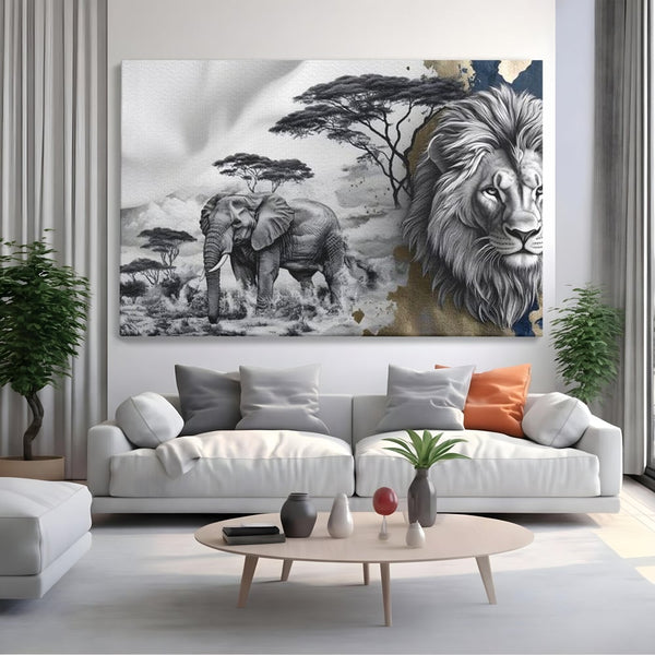 Tablou Canvas Premium, LuxCanva® M1320, Regii Savanei, Leu, Elefant, Africa, Savana, Safari, Natura, Putere, Abstract, Salbaticie, Contrast, Animale, Birou, Living, Camera Copil