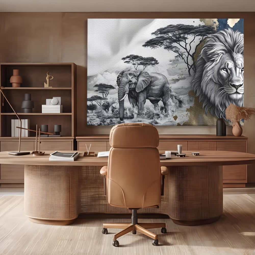 Tablou Canvas Premium, LuxCanva® M1320, Regii Savanei, Leu, Elefant, Africa, Savana, Safari, Natura, Putere, Abstract, Salbaticie, Contrast, Animale, Birou, Living, Camera Copil