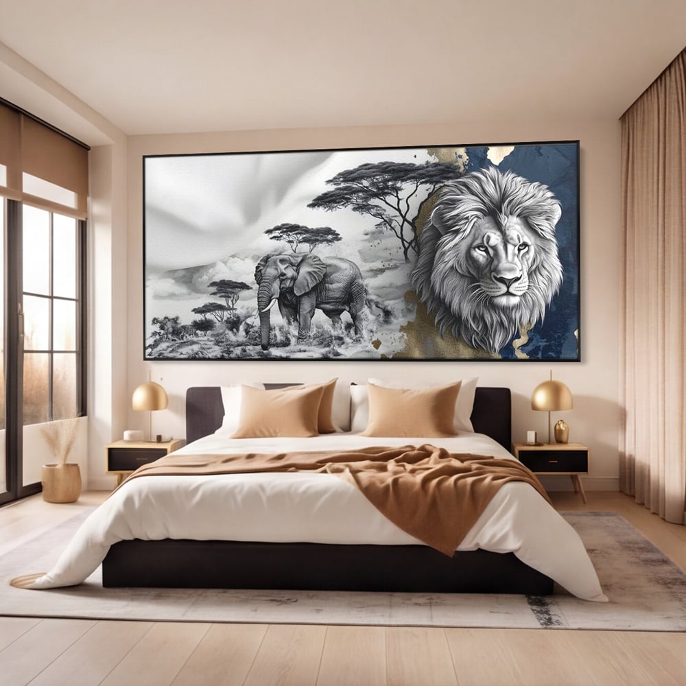 Tablou Canvas Premium, LuxCanva® M1320, Regii Savanei, Leu, Elefant, Africa, Savana, Safari, Natura, Putere, Abstract, Salbaticie, Contrast, Animale, Birou, Living, Camera Copil
