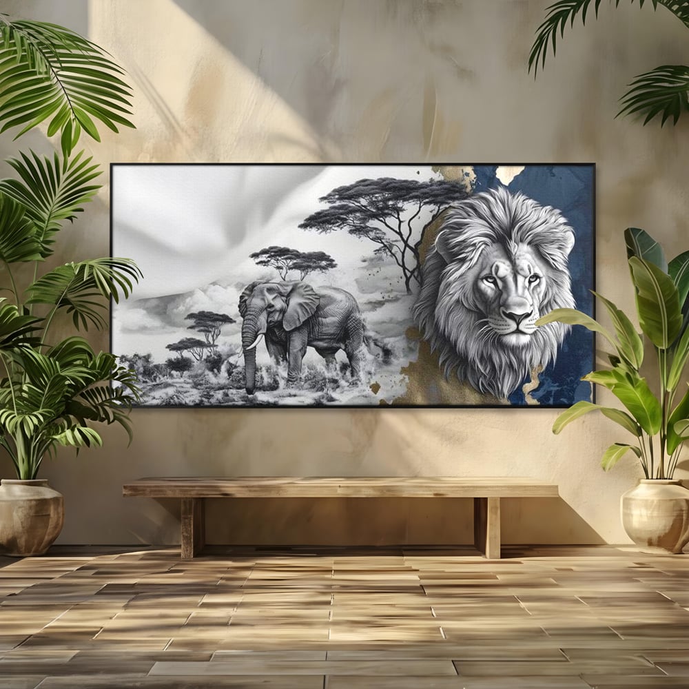 Tablou Canvas Premium, LuxCanva® M1320, Regii Savanei, Leu, Elefant, Africa, Savana, Safari, Natura, Putere, Abstract, Salbaticie, Contrast, Animale, Birou, Living, Camera Copil