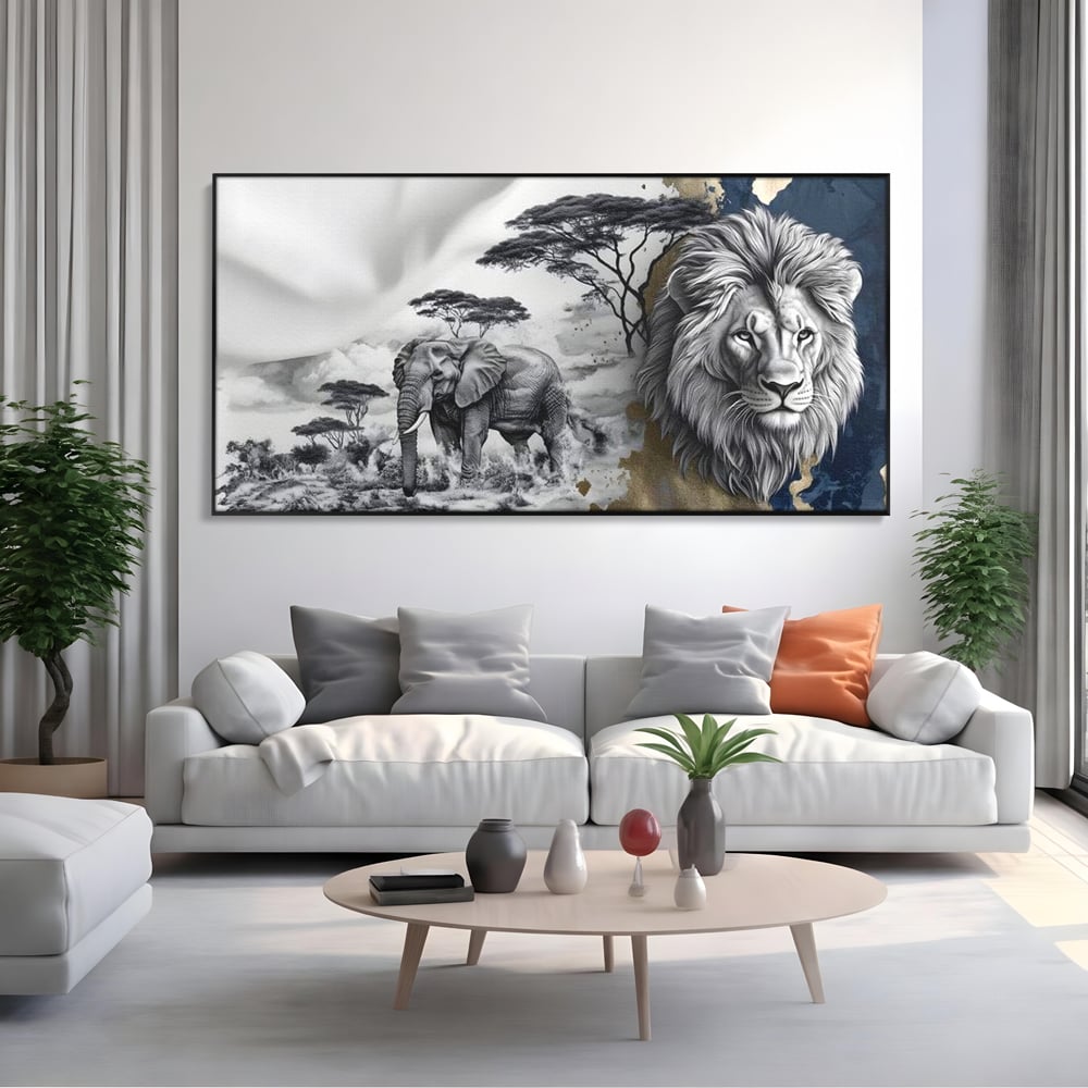 Tablou Canvas Premium, LuxCanva® M1320, Regii Savanei, Leu, Elefant, Africa, Savana, Safari, Natura, Putere, Abstract, Salbaticie, Contrast, Animale, Birou, Living, Camera Copil