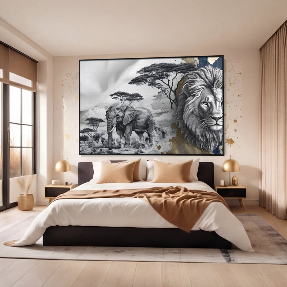 Tablou Canvas Premium, LuxCanva® M1320, Regii Savanei, Leu, Elefant, Africa, Savana, Safari, Natura, Putere, Abstract, Salbaticie, Contrast, Animale, Birou, Living, Camera Copil