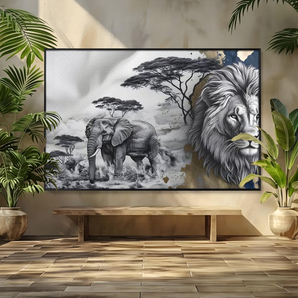 Tablou Canvas Premium, LuxCanva® M1320, Regii Savanei, Leu, Elefant, Africa, Savana, Safari, Natura, Putere, Abstract, Salbaticie, Contrast, Animale, Birou, Living, Camera Copil