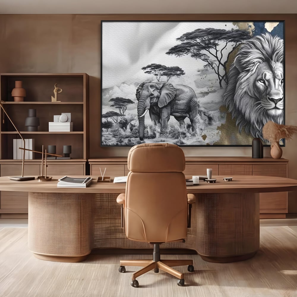 Tablou Canvas Premium, LuxCanva® M1320, Regii Savanei, Leu, Elefant, Africa, Savana, Safari, Natura, Putere, Abstract, Salbaticie, Contrast, Animale, Birou, Living, Camera Copil