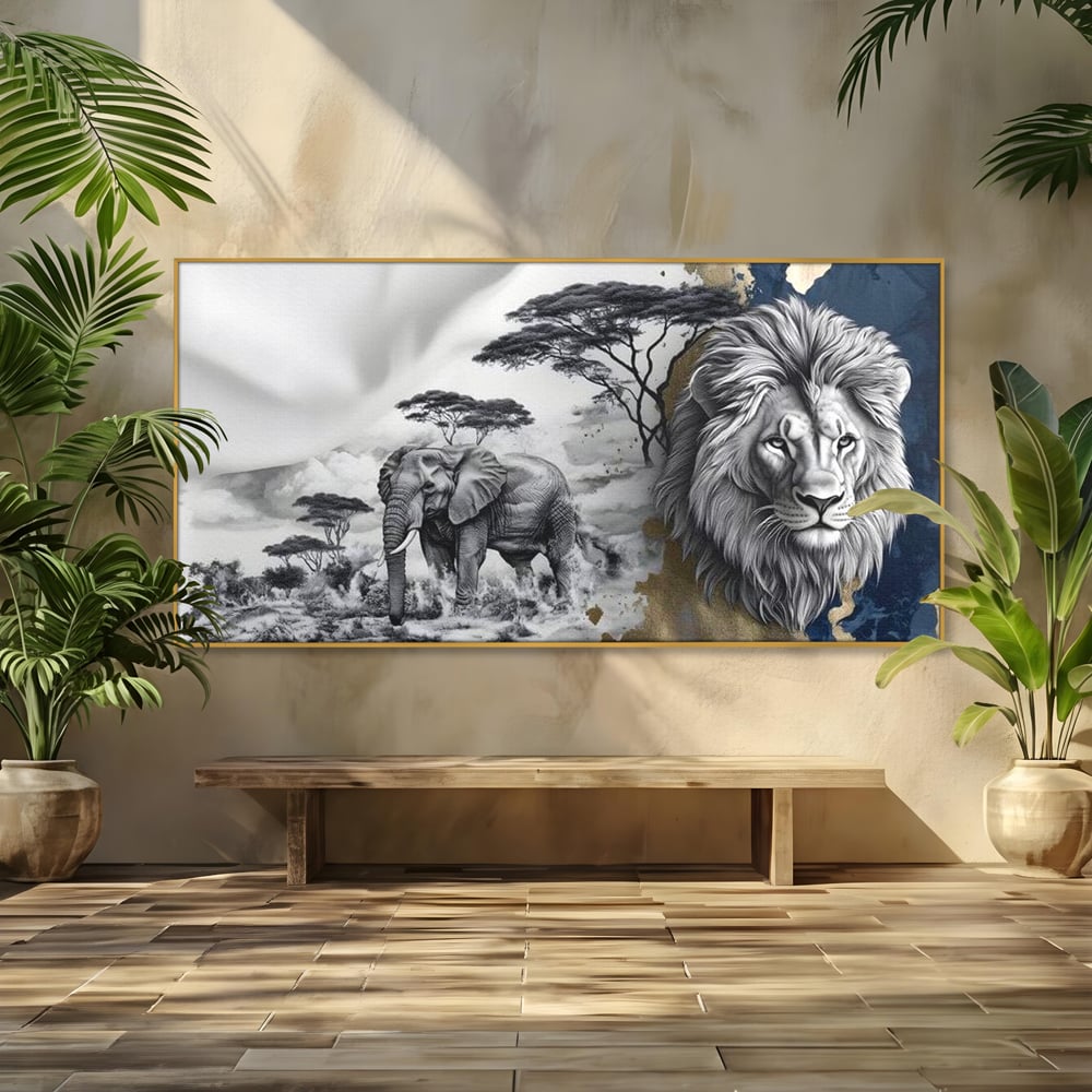 Tablou Canvas Premium, LuxCanva® M1320, Regii Savanei, Leu, Elefant, Africa, Savana, Safari, Natura, Putere, Abstract, Salbaticie, Contrast, Animale, Birou, Living, Camera Copil