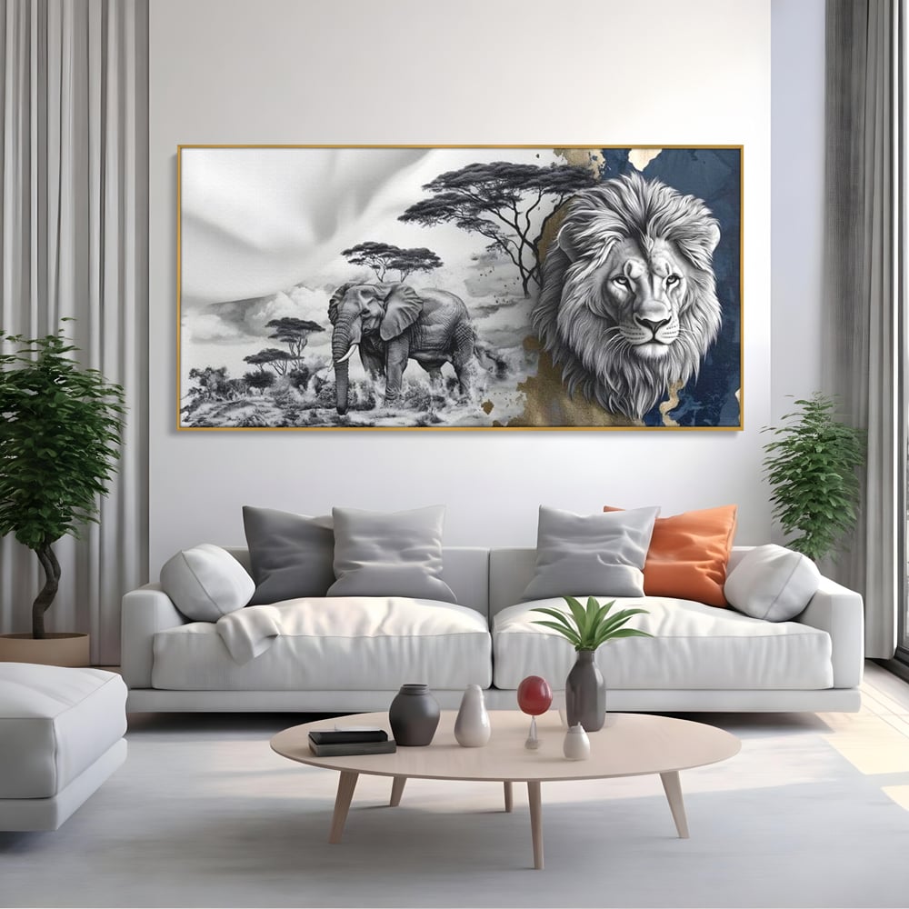 Tablou Canvas Premium, LuxCanva® M1320, Regii Savanei, Leu, Elefant, Africa, Savana, Safari, Natura, Putere, Abstract, Salbaticie, Contrast, Animale, Birou, Living, Camera Copil