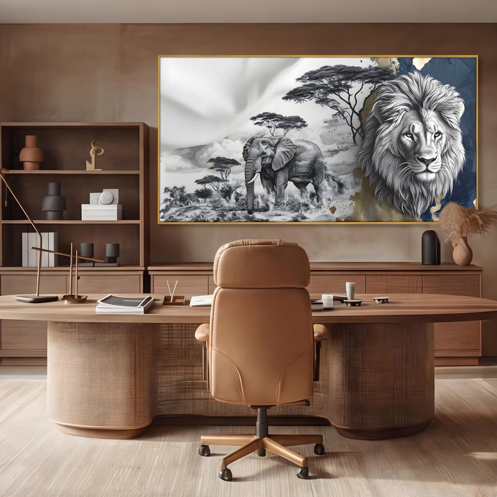 Tablou Canvas Premium, LuxCanva® M1320, Regii Savanei, Leu, Elefant, Africa, Savana, Safari, Natura, Putere, Abstract, Salbaticie, Contrast, Animale, Birou, Living, Camera Copil