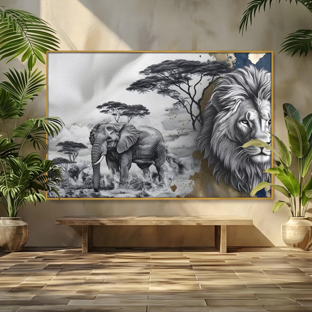 Tablou Canvas Premium, LuxCanva® M1320, Regii Savanei, Leu, Elefant, Africa, Savana, Safari, Natura, Putere, Abstract, Salbaticie, Contrast, Animale, Birou, Living, Camera Copil