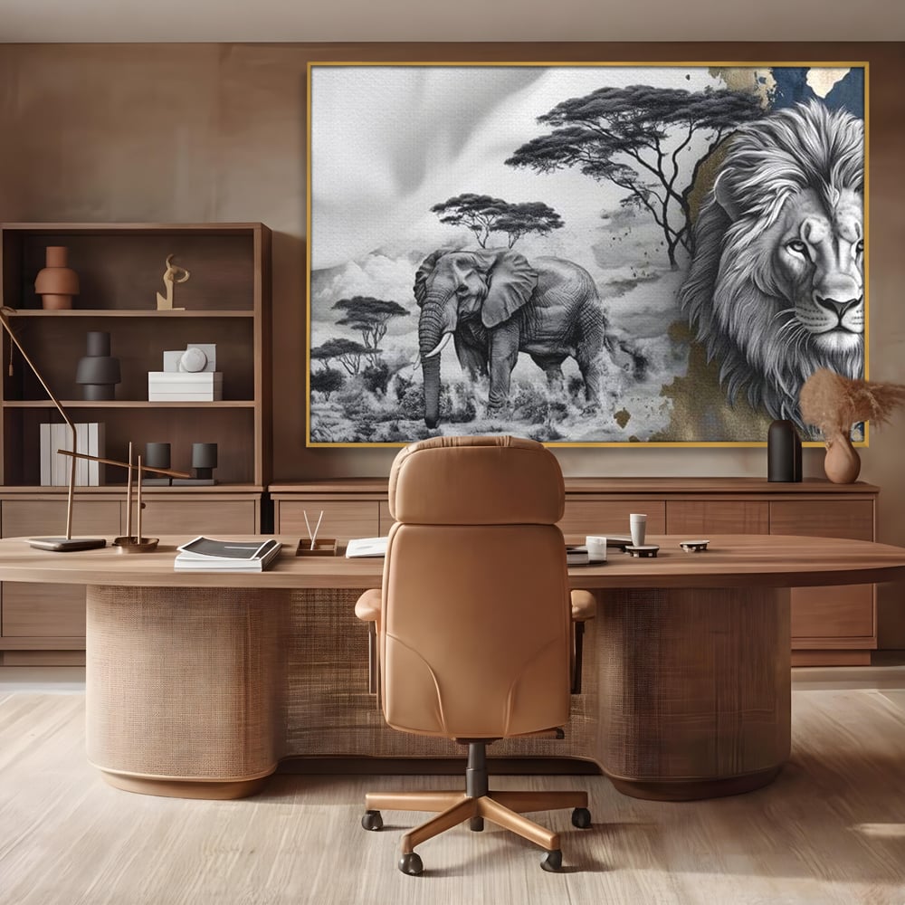 Tablou Canvas Premium, LuxCanva® M1320, Regii Savanei, Leu, Elefant, Africa, Savana, Safari, Natura, Putere, Abstract, Salbaticie, Contrast, Animale, Birou, Living, Camera Copil