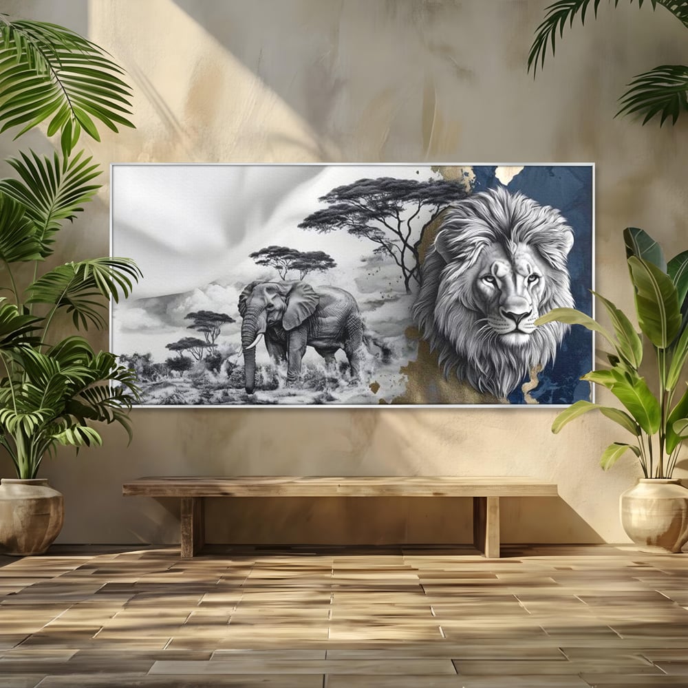 Tablou Canvas Premium, LuxCanva® M1320, Regii Savanei, Leu, Elefant, Africa, Savana, Safari, Natura, Putere, Abstract, Salbaticie, Contrast, Animale, Birou, Living, Camera Copil