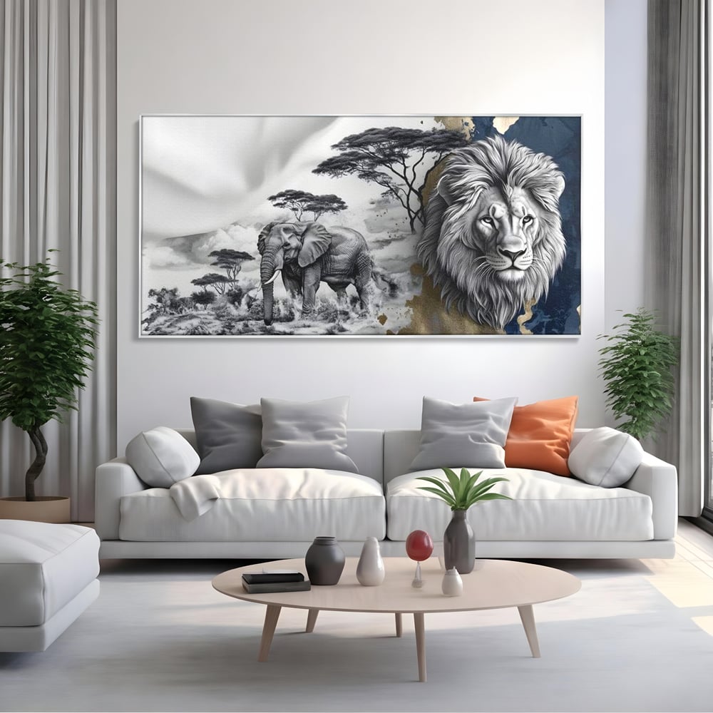 Tablou Canvas Premium, LuxCanva® M1320, Regii Savanei, Leu, Elefant, Africa, Savana, Safari, Natura, Putere, Abstract, Salbaticie, Contrast, Animale, Birou, Living, Camera Copil