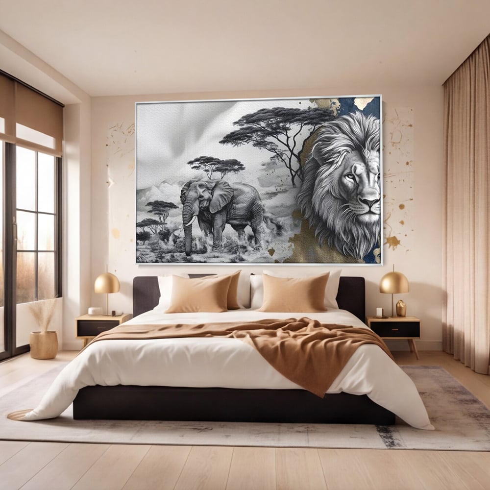 Tablou Canvas Premium, LuxCanva® M1320, Regii Savanei, Leu, Elefant, Africa, Savana, Safari, Natura, Putere, Abstract, Salbaticie, Contrast, Animale, Birou, Living, Camera Copil