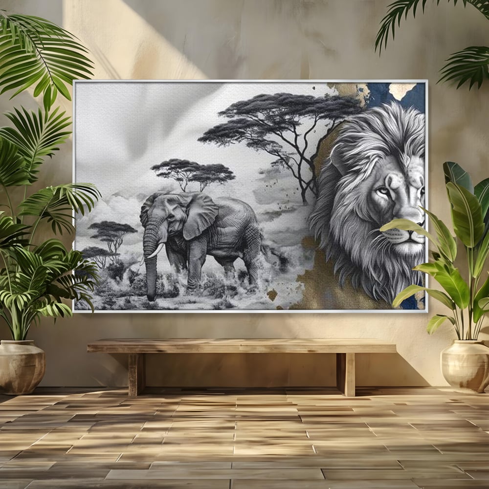 Tablou Canvas Premium, LuxCanva® M1320, Regii Savanei, Leu, Elefant, Africa, Savana, Safari, Natura, Putere, Abstract, Salbaticie, Contrast, Animale, Birou, Living, Camera Copil