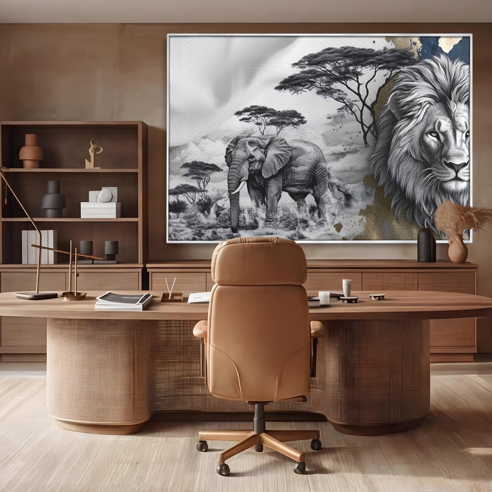 Tablou Canvas Premium, LuxCanva® M1320, Regii Savanei, Leu, Elefant, Africa, Savana, Safari, Natura, Putere, Abstract, Salbaticie, Contrast, Animale, Birou, Living, Camera Copil
