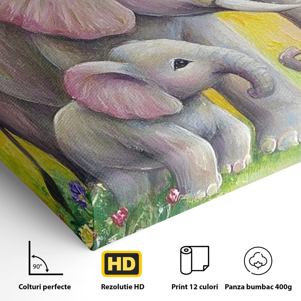 Tablou Canvas Premium, LuxCanva® M1322, Gradina Elefantilor, Afectiune, Mama, Pui, Gradina, Flori, Pictura, Culori Vibrante, Primavara, Elefanti, Dragut, Birou, Living, Camera Copil