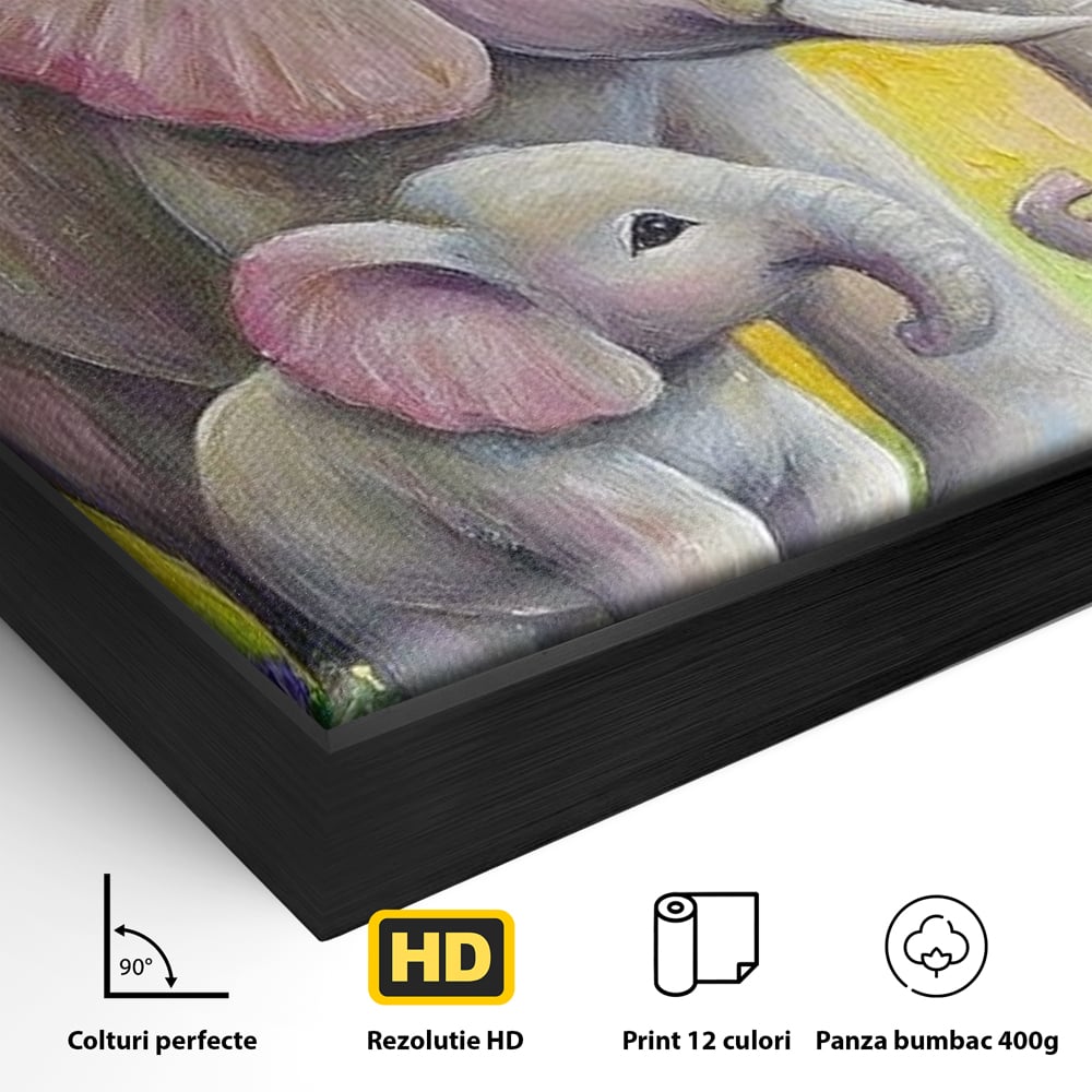 Tablou Canvas Premium, LuxCanva® M1322, Gradina Elefantilor, Afectiune, Mama, Pui, Gradina, Flori, Pictura, Culori Vibrante, Primavara, Elefanti, Dragut, Birou, Living, Camera Copil
