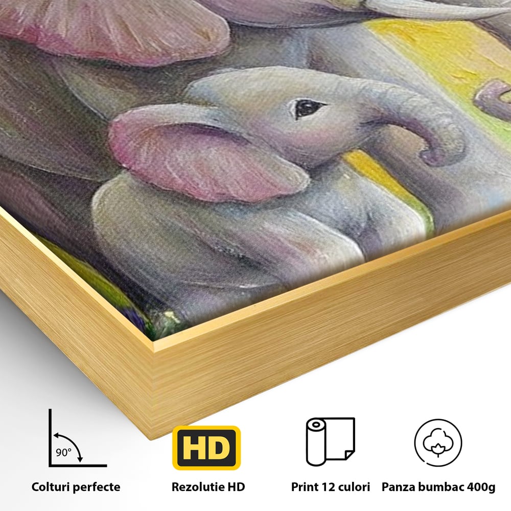 Tablou Canvas Premium, LuxCanva® M1322, Gradina Elefantilor, Afectiune, Mama, Pui, Gradina, Flori, Pictura, Culori Vibrante, Primavara, Elefanti, Dragut, Birou, Living, Camera Copil