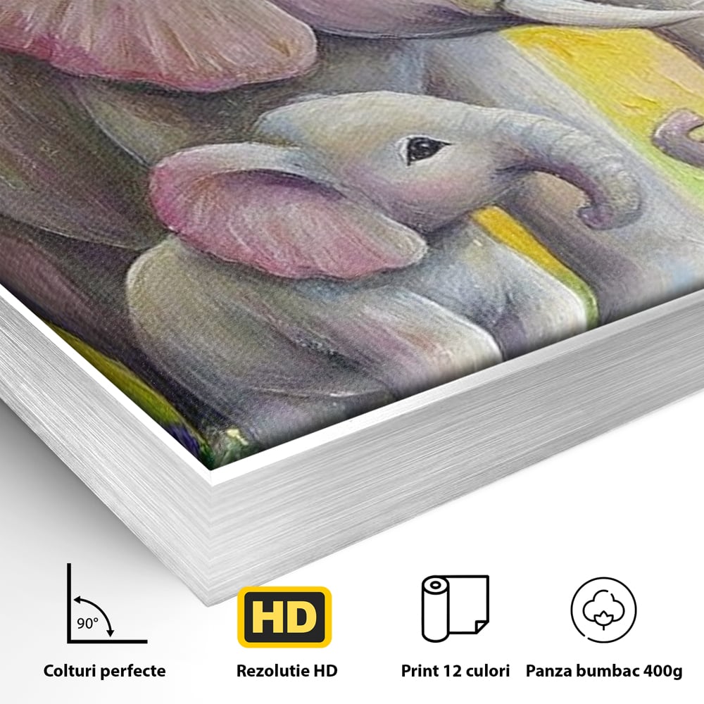 Tablou Canvas Premium, LuxCanva® M1322, Gradina Elefantilor, Afectiune, Mama, Pui, Gradina, Flori, Pictura, Culori Vibrante, Primavara, Elefanti, Dragut, Birou, Living, Camera Copil